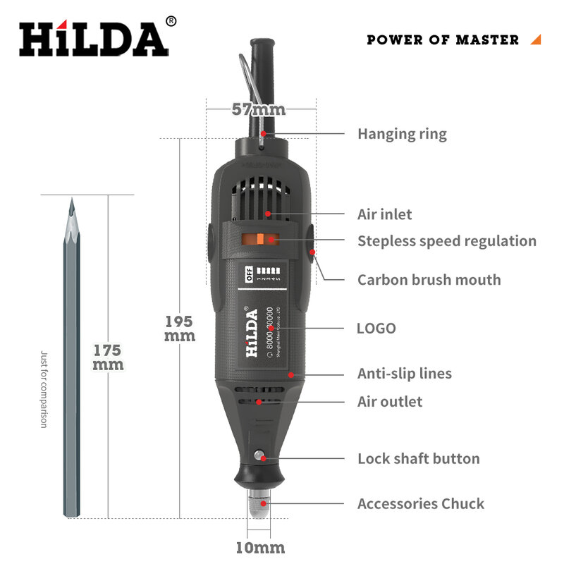 HILDA-amoladora de taladro eléctrico, bolígrafo grabador, Mini taladro, herramienta rotativa eléctrica, rectificadora, accesorios