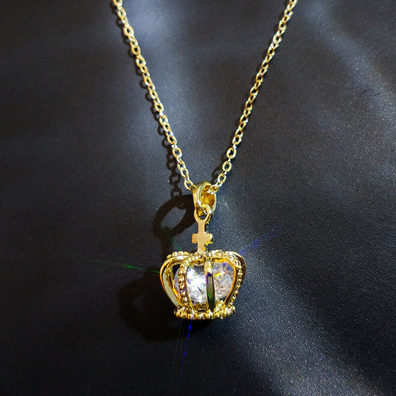 Trendy Fine 14K Real Gold Noble Crown Chain Pendant Necklace for Women accessori Design originale gioielli di moda zircone Party