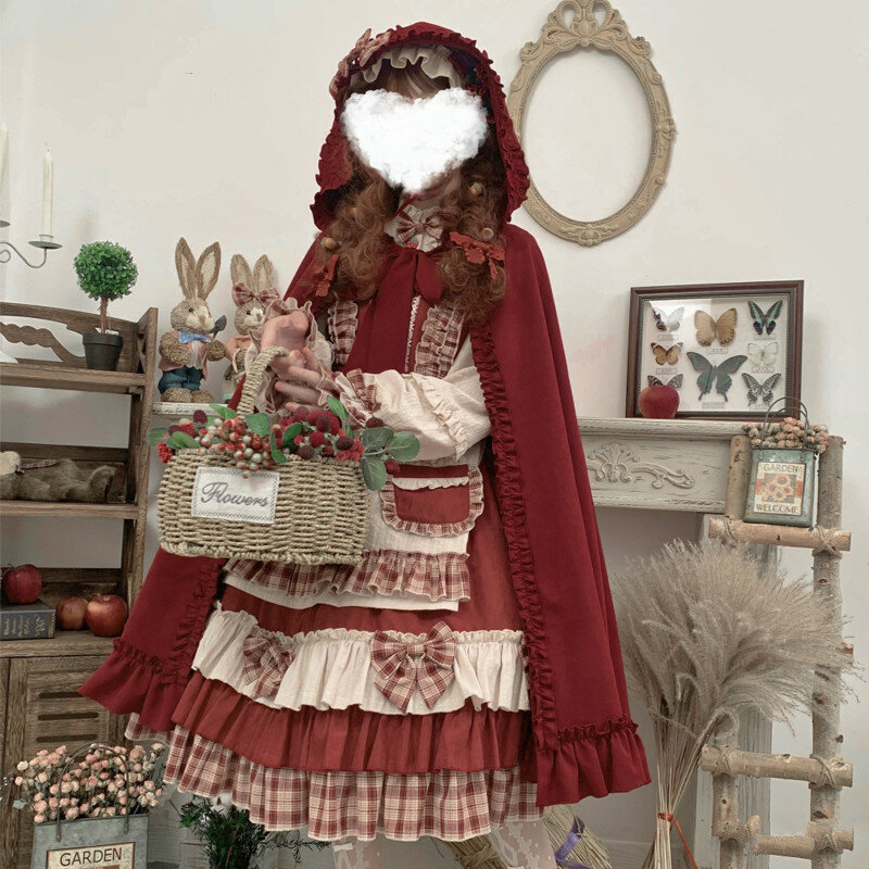 W japońskim stylu Harajuku słodka Lolita OP sukienka dziewczęca śliczna jagoda las Bowknot księżniczka sukienka kobiety czerwony płaszcz z kapturem spotkanie przy herbacie sukienki