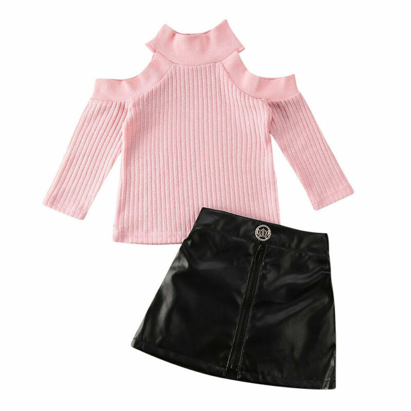 Комплект из 2 предметов для девочек, осенне-зимний розовый свитер с длинным рукавом и открытыми плечами, топ, черная мини-юбка на молнии