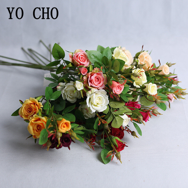 YO CHO-Rosas De Seda Artificiais Ramo, Htronco Longo, Flores Falsas, Rosa Pequena, Branco, Rosa, Casamento, Casa, Decoração De Mesa, 4 Ramos