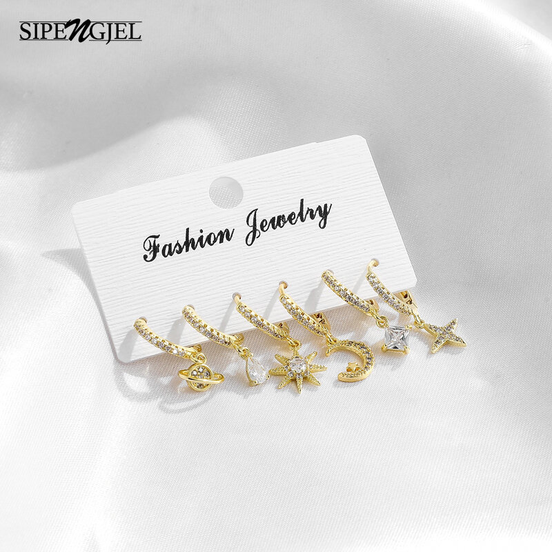 Moda estrela e lua e satélite quadrado brincos de cristal conjunto novo coreano senhoras conjuntos brincos para a moda feminina jóias 2020