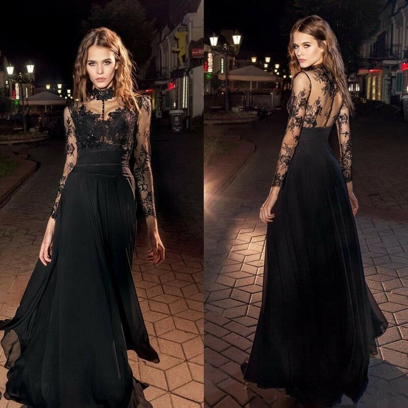 2024 Elegant Black Evening Dresses Long Sleeves Lace Chiffon High-Neck Buttons Illusion Formal Prom Gowns vestidos de longo