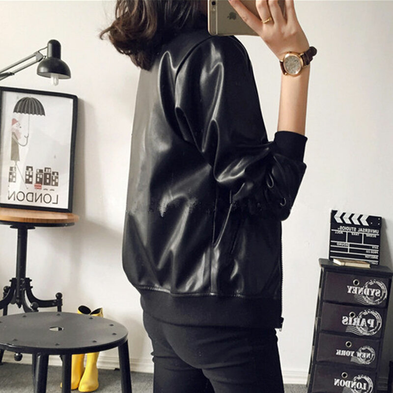 Jocoo Jolee ผู้หญิง PU Faux หนังแจ็คเก็ต Zipper Bomber Coat ฤดูใบไม้ร่วงสีดำ Moto Biker Jacket ขนาดใหญ่ Outwear