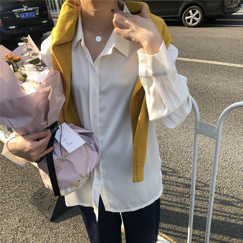 Женская однотонная офисная рубашка, повседневные топы и рубашки с отложным воротником, летние женские корейские рубашки с длинным рукавом, шикарные блузки