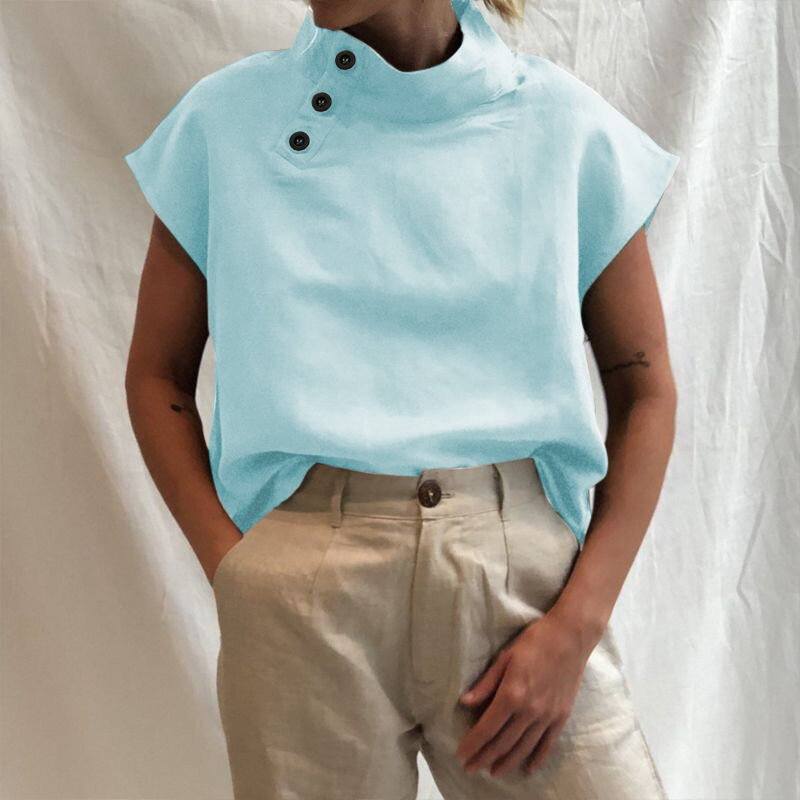 여성 솔리드 컬러 여름 버튼 탑 캐주얼 루즈 반팔 풀오버, 우아하고 작은 하이 칼라 패션 의류