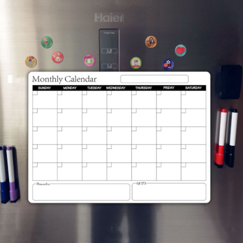 Placa magnética mensal de mensagens, mesa de calendário apagável e seco, quadro branco com mensagens na geladeira, nova cor branca, 2021