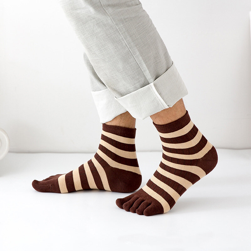 Sokken – chaussettes courtes à rayures en coton pur pour hommes, 5 paires, avec orteils, à la mode, coloré, cinq doigts