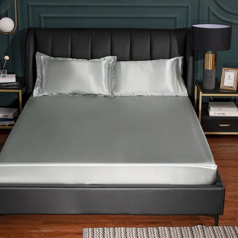 2021up To Date Sprei Warna Solid Sutra Es Seprai Musim Panas One-Piece Bed Cover Antiselip Bed Set Tiga Potong Bisa Dicuci dengan Mesin