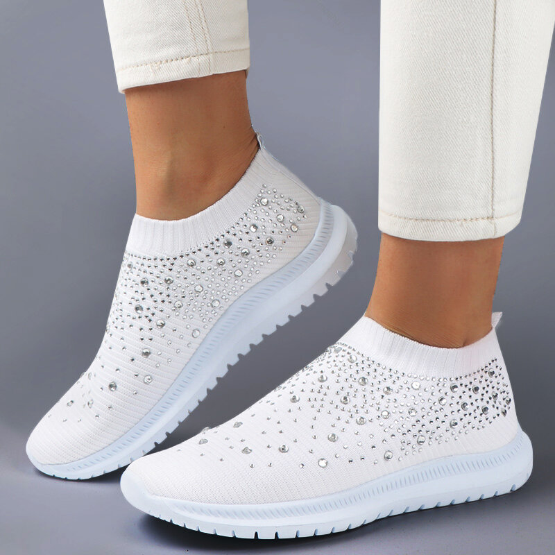 Zapatillas de deporte planas de cristal para Mujer, zapatos vulcanizados de calcetín sin cordones, informales, a la moda, de verano