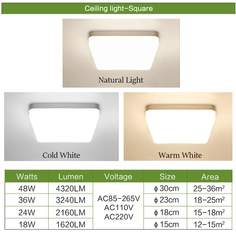 Plafonnier LED Carré ou Rond pour Éclairage de Cuisine, 18W 24W 36W 48 W, 85/265 V CA, Blanc Naturel/Froid/Chaud