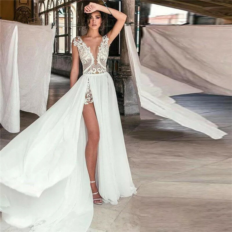 Sexy Deep V-Neck Wedding Dresses Chiffon Side Split Lace Applique Bridal Gown Backless Floor Length Vestido De Novia Custom Made