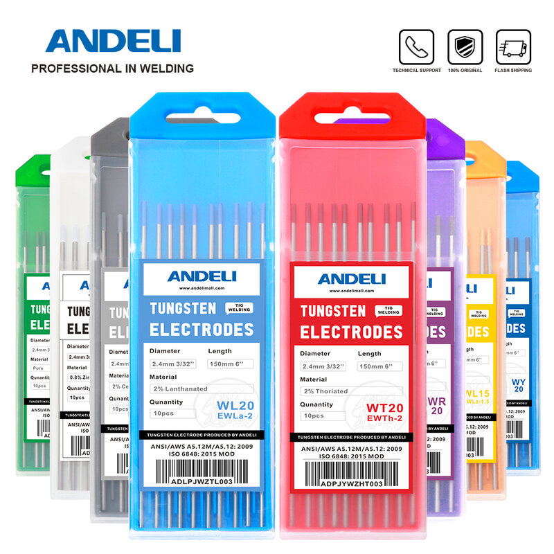 ANDELI-Électrodes de soudage en tungstène pour machine à souder Tig, 1.6mm, 2.0mm, 2.4mm, WT20, WC20, WL20, WL15, WZ8, WP, WY20, WR20, le plus récent