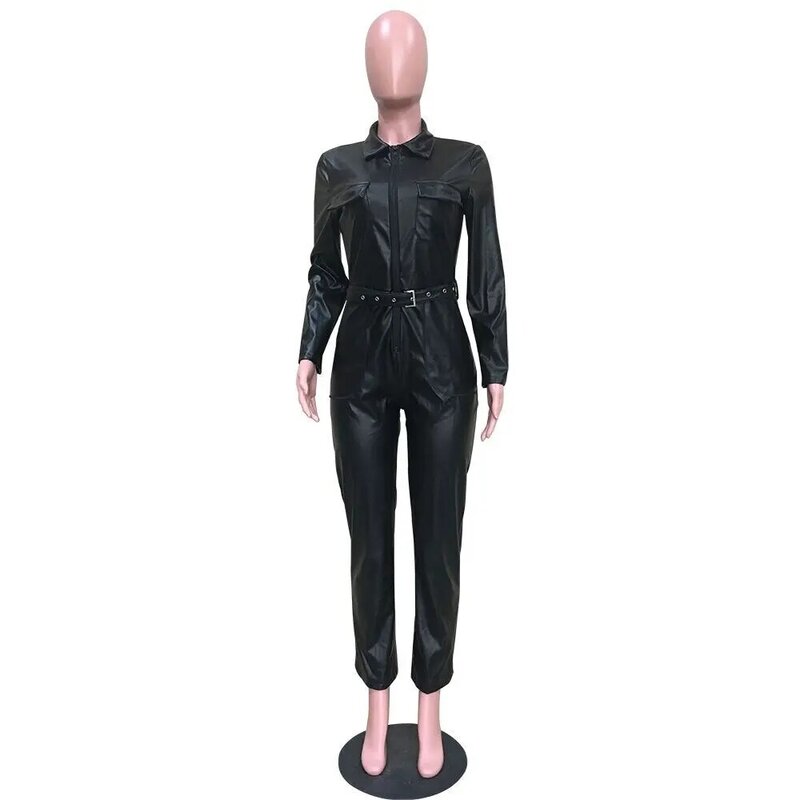 BKLD Women PU Leather Pocket V-neck Jumpsuit 2019 Summer Clubwear Women With Sashes Black Long Sleeve Rompers Womens Jumpsuit