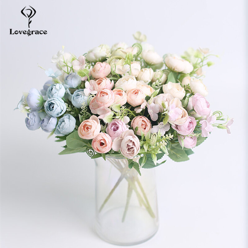 Lovegrace-Mini ramo de rosas de té para dama de honor, 10 cabezas de rosas de seda, flores artificiales para boda, mesa de casa, decoración de fiesta