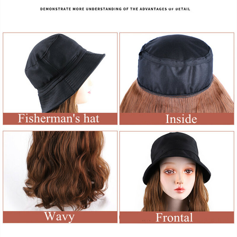 Bucket Hat Wig Wavy Hair with Lemen Woolen Hat Instant Do Wig with Hair Extention Long Synthetic Wig Attached Hair Halo Lady