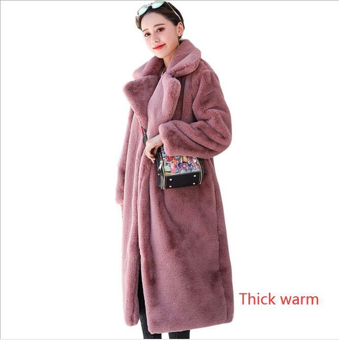 ผู้หญิงฤดูหนาวคุณภาพสูง Faux กระต่ายขนสัตว์หรูหรายาวเสื้อขนสัตว์หลวม Lapel เสื้อกันหนาวหนา Warm Plus ขนาดหญิง plush Coats
