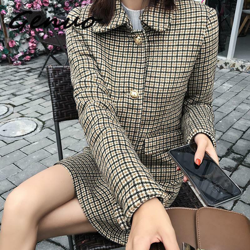 Genuino-Conjunto de dos piezas de lana a cuadros para mujer, traje de falda estilo Hepburn, Blazer de moda coreana, novedad de otoño e invierno, 2019