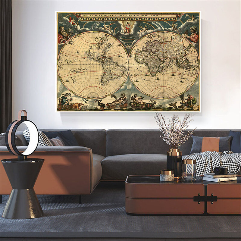 Affiche Vintage rétro carte du monde, toile peinture murale, tableau artistique, fournitures éducatives pour enfants, décoration de la maison, 84x59cm