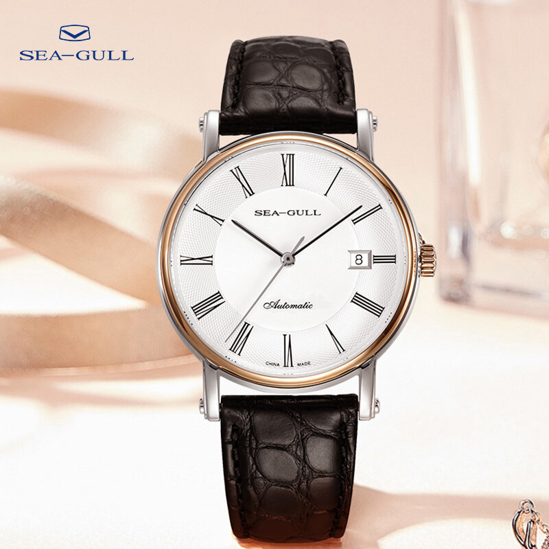 Seagull-고급 남성용 자동 기계식 시계, 18K 로즈 골드 시계, 악어 가죽 스트랩 비즈니스 시계, 218.377