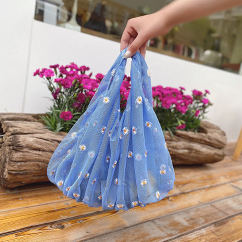 Bolsa de ombro única para mulheres e meninas, bordado de fio líquido, pequena margarida, bolsa de compras, bolsa ecológica, novo estilo