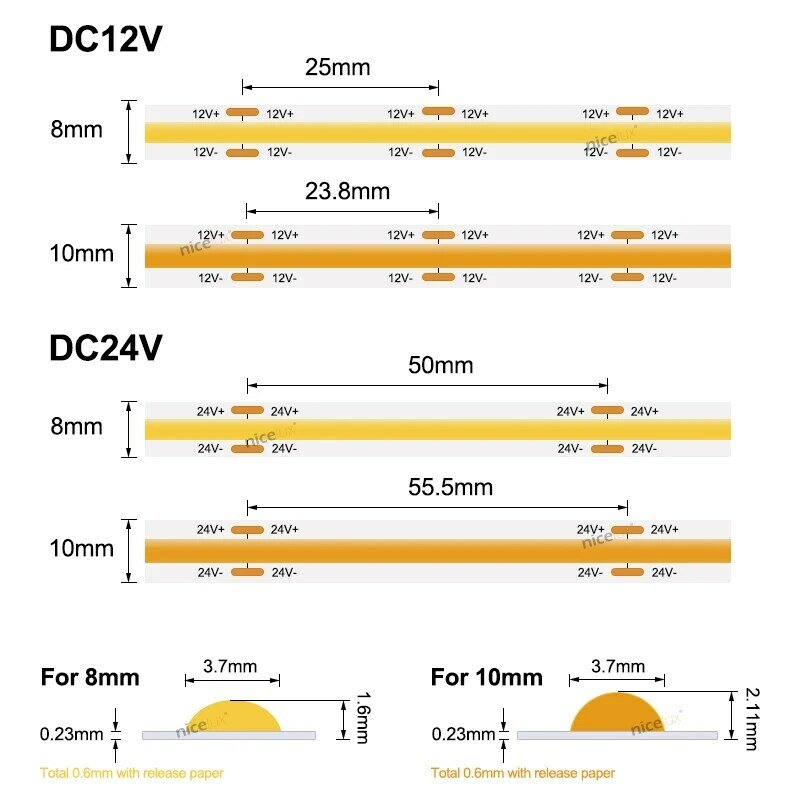 DC12V 24 فولت COB LED قطاع أضواء 8 مللي متر 480 المصابيح عالية الكثافة مرنة ضوء الشريط الخطي عكس الضوء الشريط الدافئة الطبيعة كول الأبيض RA90
