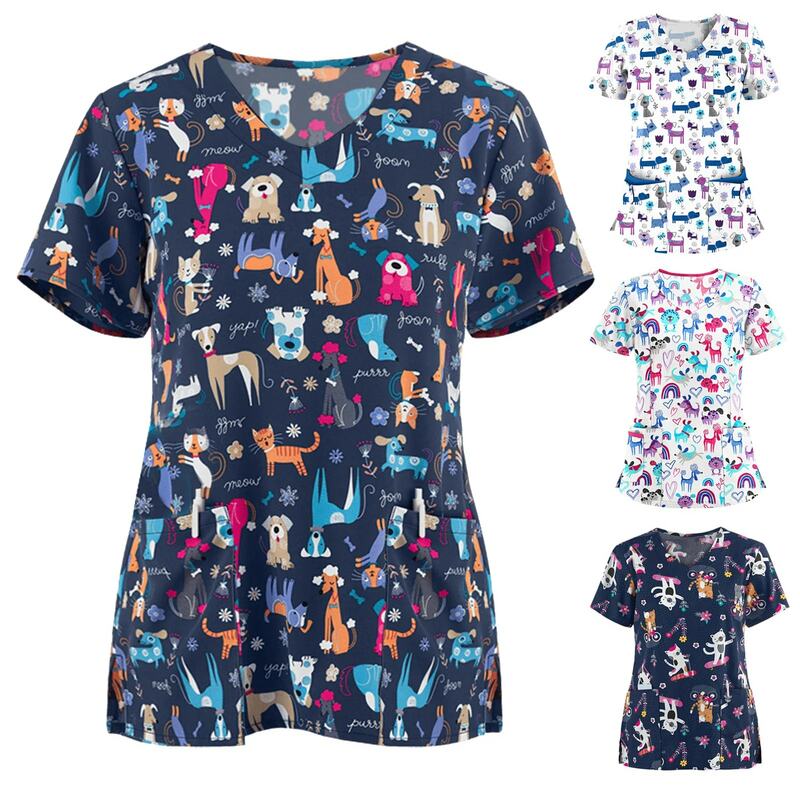 Camiseta feminina de manga curta com decote em v, uniforme de enfermeira, blusa clínica, tops de assistentes, roupas estampadas de gato e cachorro, bolso, verão 2021