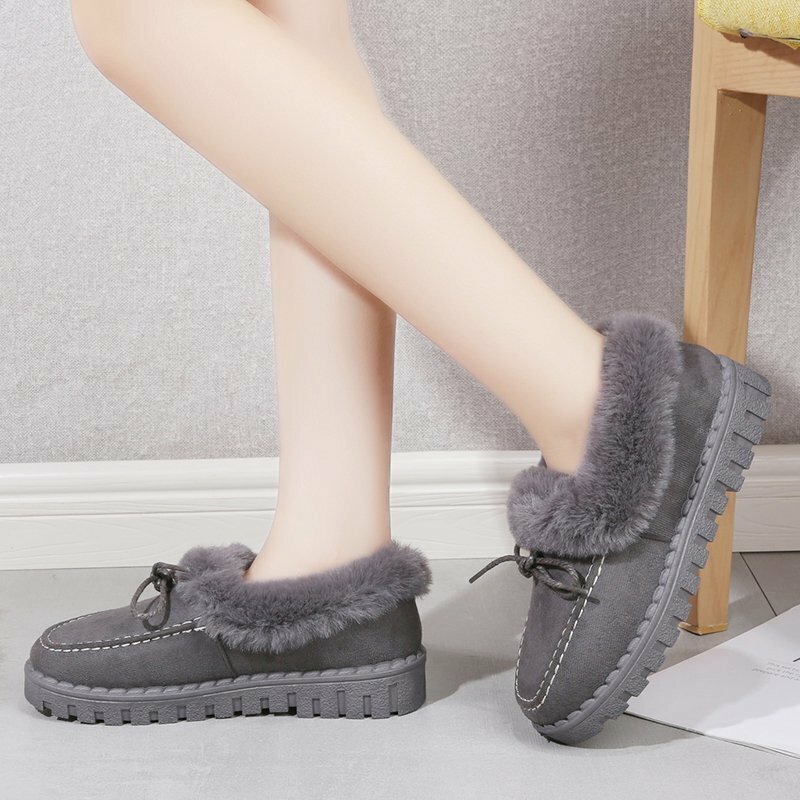 Winter Autumn Women's Casual Fur Shoes Cute Bowknot Trending Fluffy Furry Slip-on Sneakers Ladies Plush Flats Platform