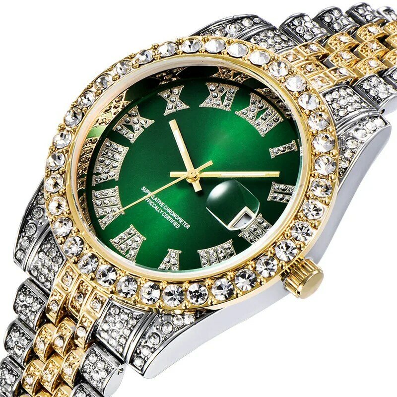 Relógio masculino de luxo congelado, relógio de pulso totalmente em strass de quartzo à prova d'água para casal, 2021