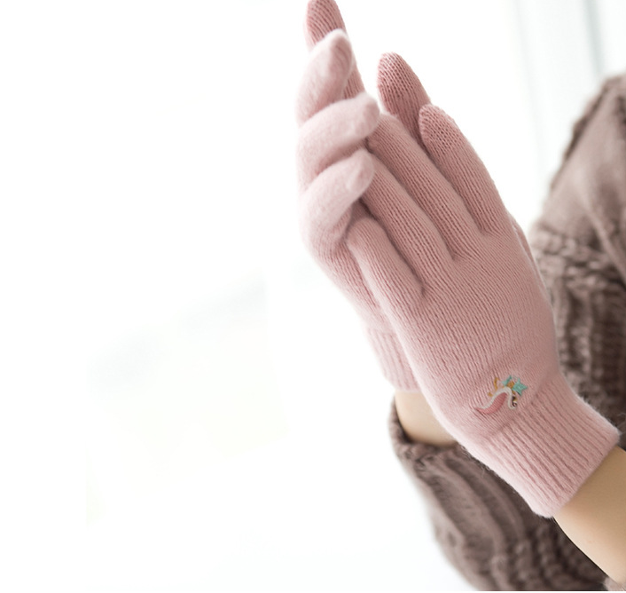 Five fingers split fingers simple versatile women's Plush warm knitted wool gloves women's lovely winter