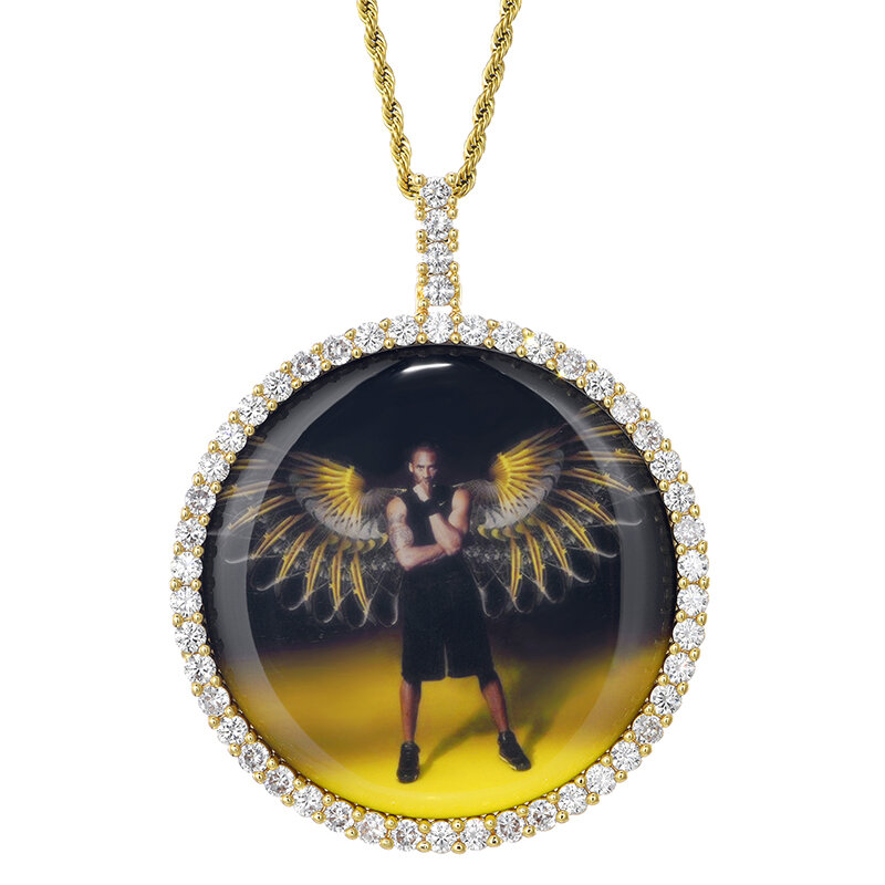 Hip hop grande redondo personalizado foto medalhões iced bling aaa zircónio cúbico personalizado colar & pingente para jóias masculinas sólido volta