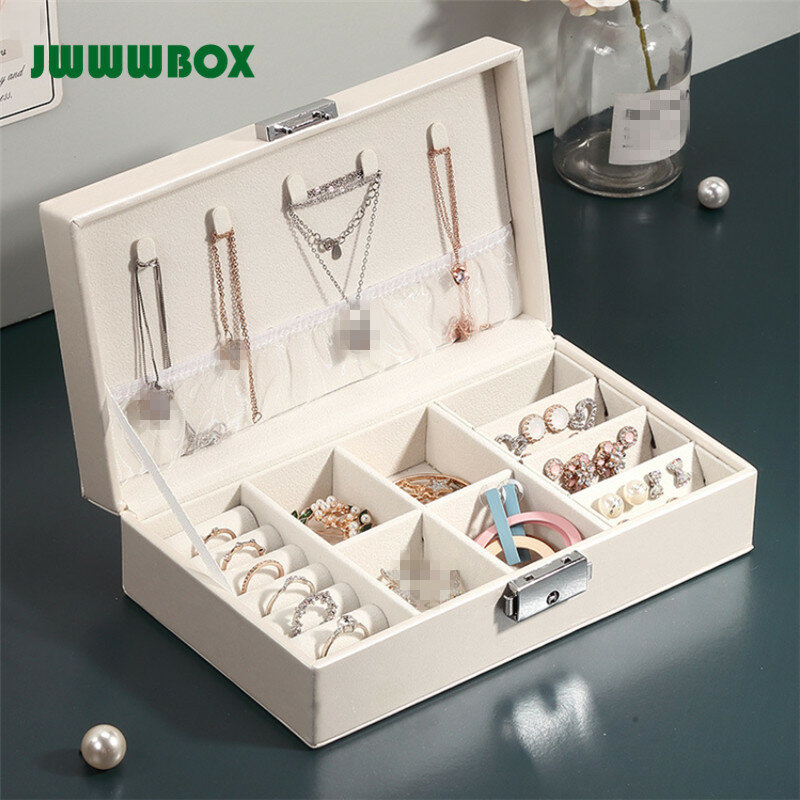 Jwwwbox jóias organizador para as mulheres couro do plutônio caixa de exibição embalagem com bloqueio para brincos pulseiras colares anéis