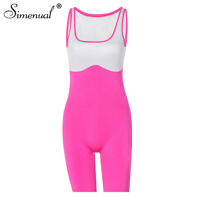 Simenual Sporty Workout Biker Shorts Rompers Women Sleeveless Active Wear Skinny Patchwork Bodycon Playsuits Casual Fashion Hot