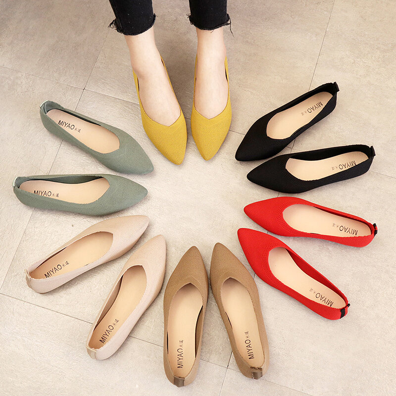 2021 women's flat shoes ballet shoes breathable knitted pointed shoes mixed color women's soft shoes women Zapatos De 35-40