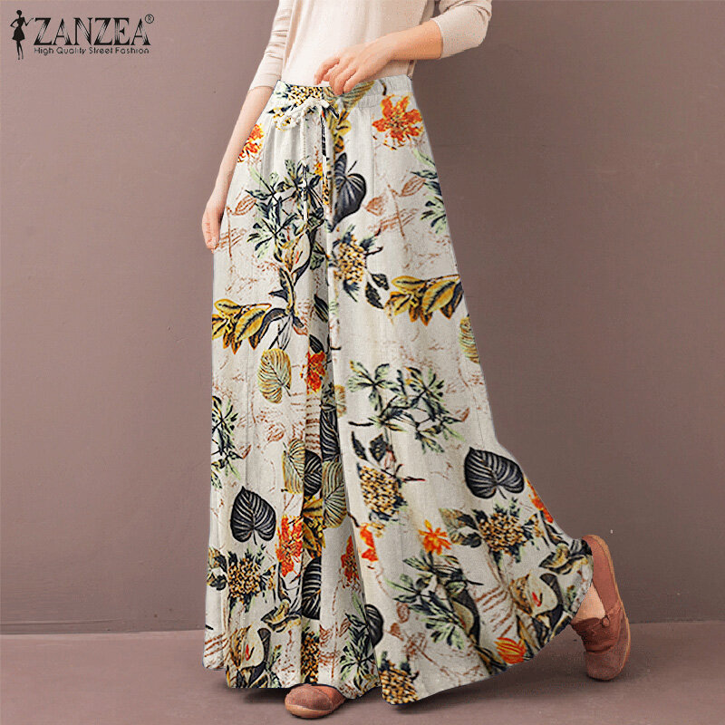 ผู้หญิงกว้างขากางเกง ZANZEA 2023 Kaftan พิมพ์กางเกงเอวยาว Pantalon Palazzo Casual ดอกไม้หัวขนาดใหญ่