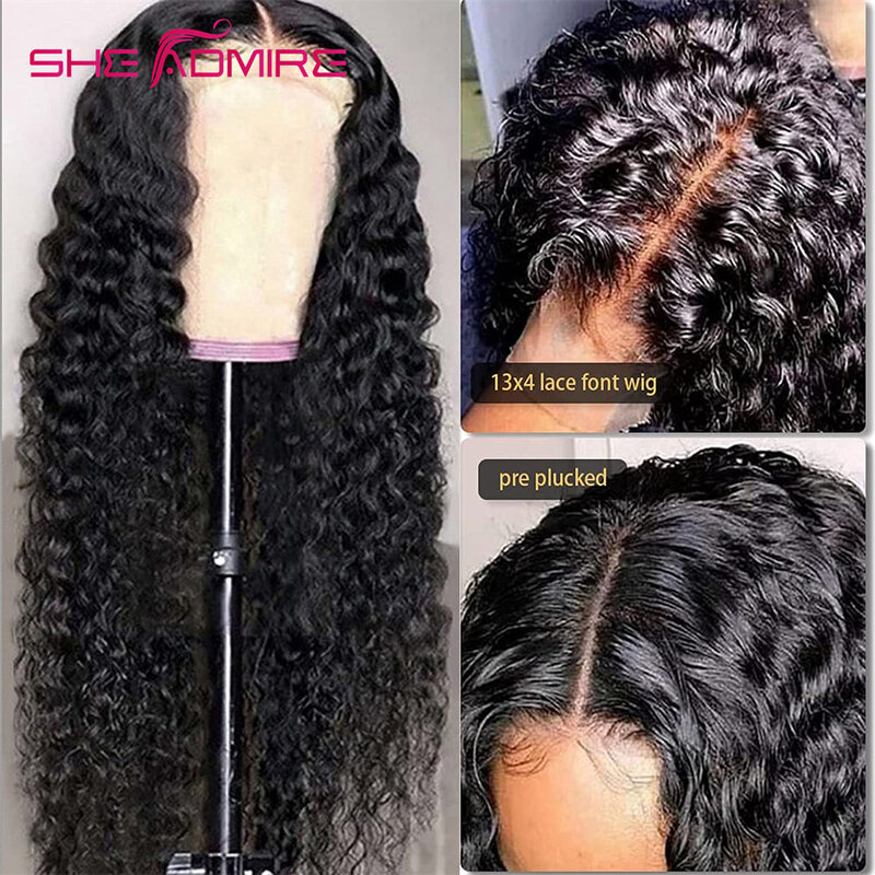 SheAdmire-pelucas frontales de encaje de onda profunda para mujeres negras, cabello humano rizado, prearrancado con cabello de bebé, de 40 pulgadas Remy cabello largo, 13x4