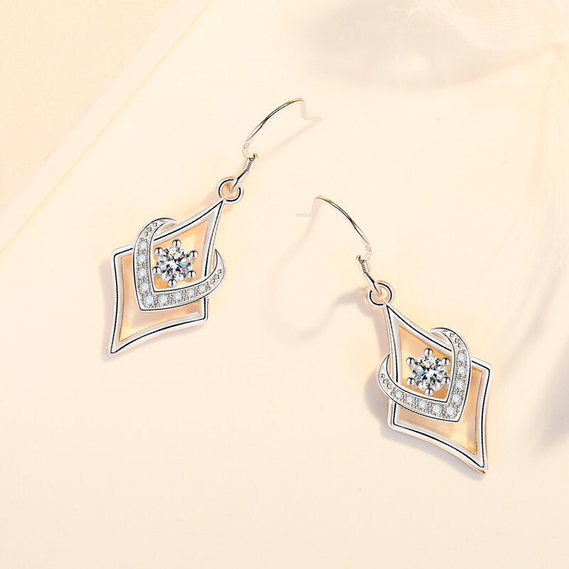 Fanqieliu perhiasan mode baru perak murni 925 wanita kualitas tinggi anting-anting Drop kristal hati belah ketupat Earrings