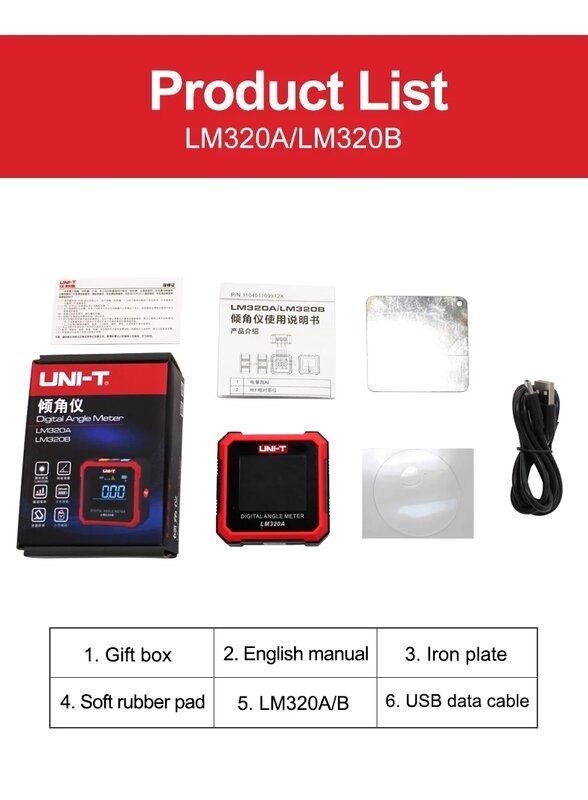 UNI-T LM320A LM320B Góc Điện Tử Đo Kỹ Thuật Số Protractor Từ Inclinometer Kiểm Tra Góc Vát Hộp Dụng Cụ Đo