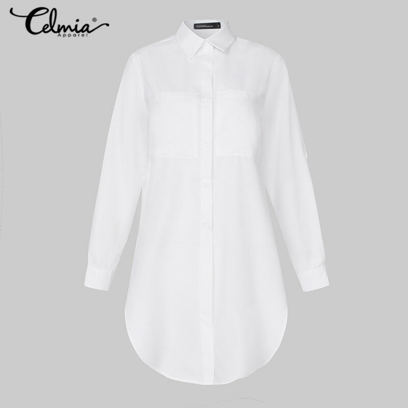 Celmia-camisas blancas con solapa para mujer, túnica larga asimétrica con abertura, Tops informales de gran tamaño, Blusas elegantes para oficina, 2023