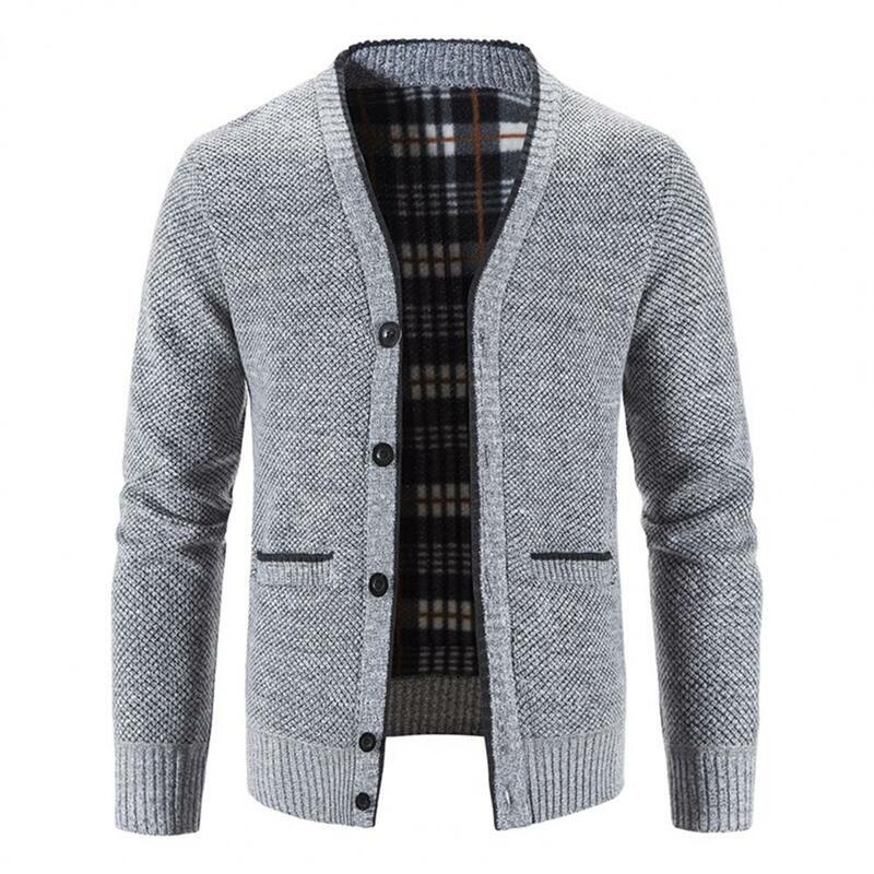 Men Knitted Coat Solid Color V Neck Autumn Winter Thicken Plush Warm Cardigan Sweater for Daily Wear