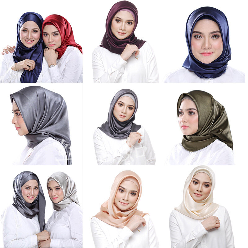 وشاح حجاب حريري مربع للنساء ، وشاح ساتان فاخر 90 × 90 سنتيمتر ، أغطية صلبة لفصلي الخريف والشتاء ، وشاح رأس إسلامي ، 25 لونًا