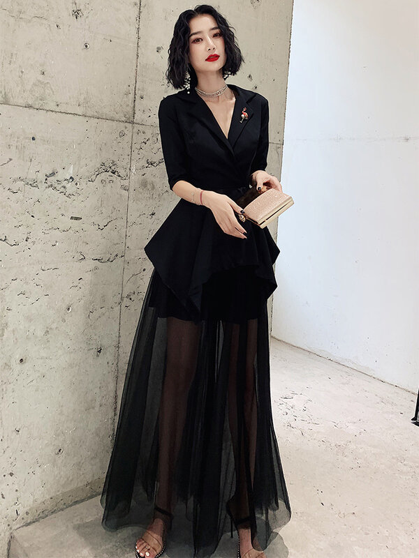 Korean Style Business Dress Ankle-Length V-Neck Gentle Banquet Gowns Half Sleeve Floor-Length A-Line Formal Evening Dresses