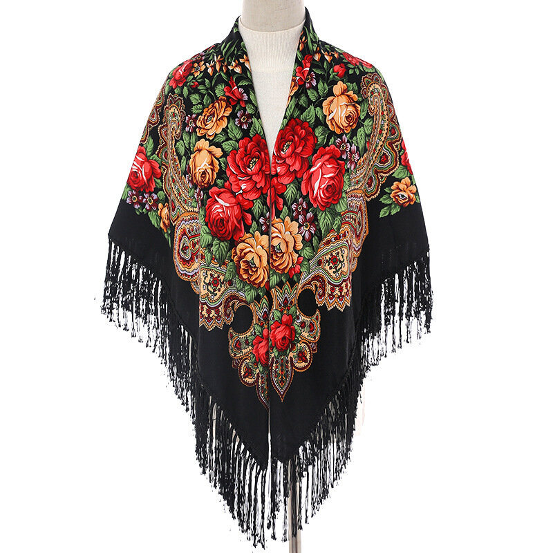 Lenço quadrado grande estilo russo feminino, xale com franjas retrô, lenços estampados em algodão, envoltórios hijab, xales étnicos, bandana, 135x135cm