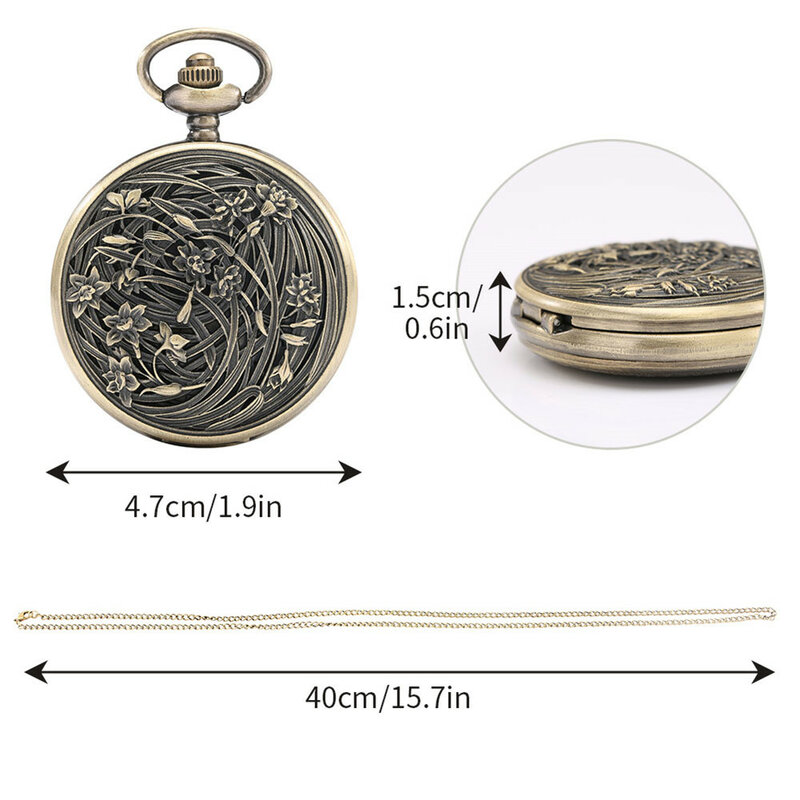 Orchid Grass Relief Necklace Watch Men Women Quartz Pocket Clock Arabic Numeral White Dial Bronze Chain Pocket Pendant Timepiece