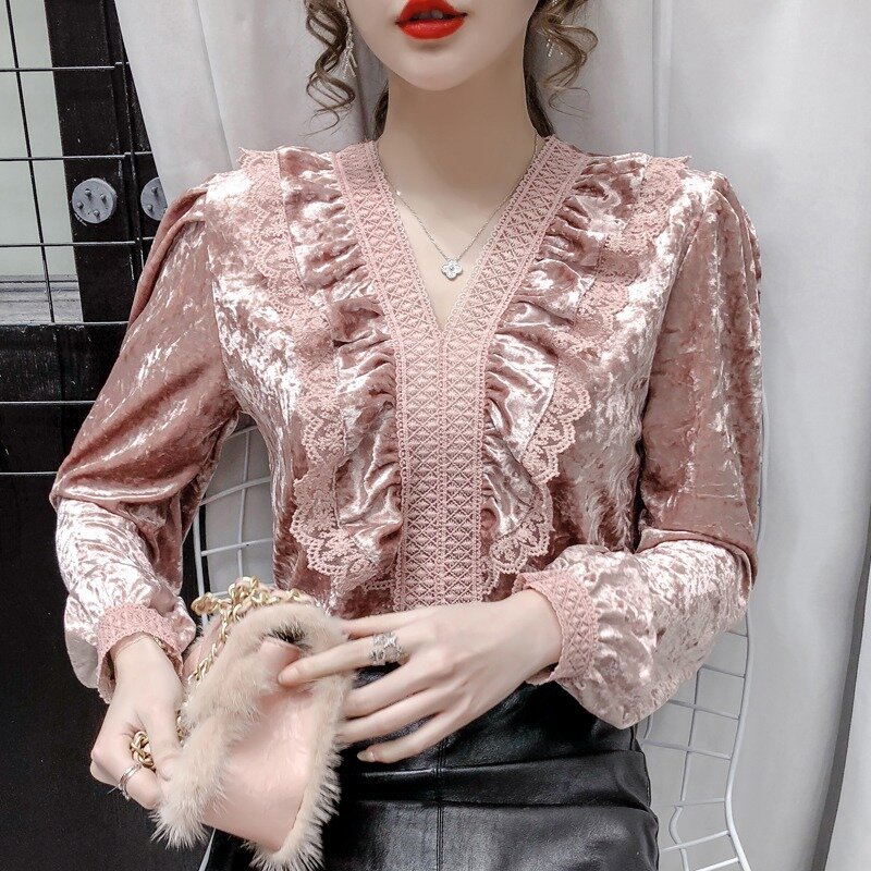 Autumn / Winter 2020 New Women Blouse Stitching French V-neck Lace Edge Velvet Shirt Fashion Lantern Sleeve Top For Women