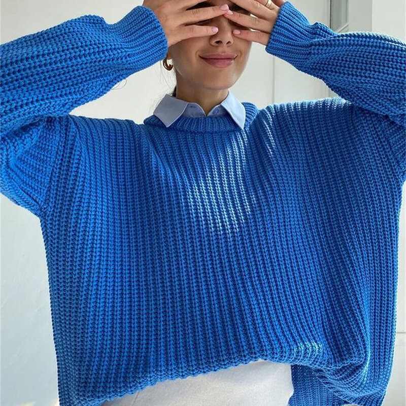 Sweater Pullover Tebal Rajutan Wanita Atasan Wanita 2021 Solid Perempuan Sweter Longgar Kasual Lengan Panjang Longgar Musim Gugur Musim Dingin