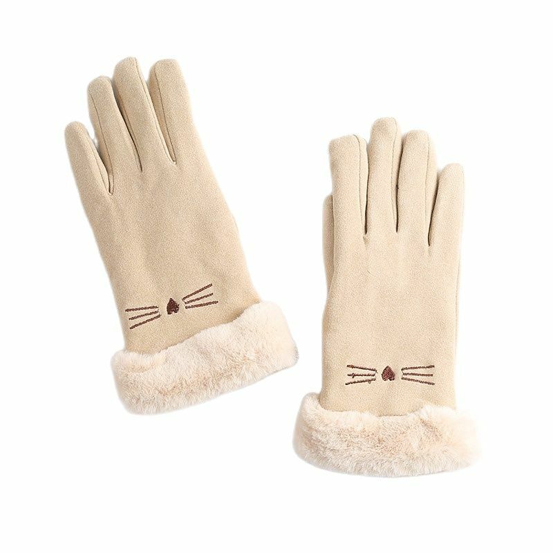 Winte-guantes de felpa con bordado de gato para mujer, manoplas cálidas de terciopelo grueso para pantalla táctil, muñeca, ciclismo, novedad