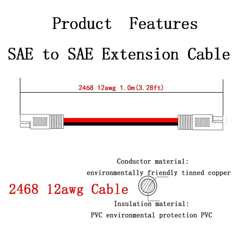Cable de extensión SAE a SAE, arnés de cables de desconexión rápida, conector SAE de 12AWG, 100cm, para batería de Panel Solar, coches y tractores