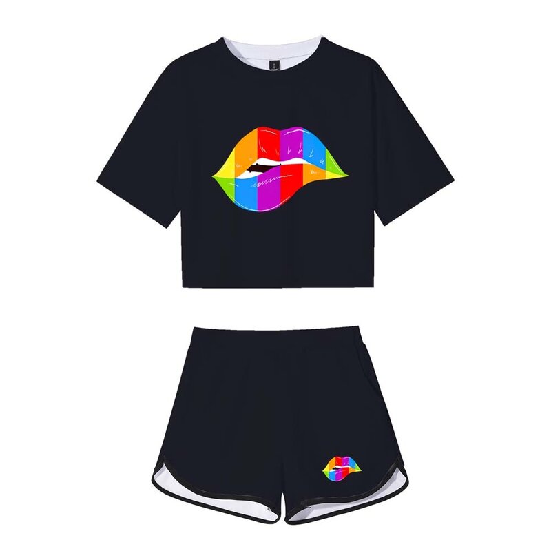 Heart Finger Crop Shorts Suit Solid Black 3D Print T-shirt Pants Two Piece Set Women Tracksuit Outfit Summer Cute Matching