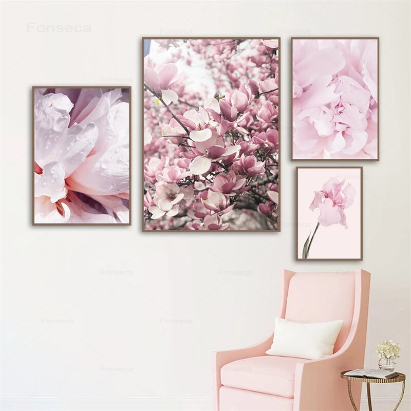Affiches et impressions nordiques de fleurs de pivoine de magnolia rose, art mural de citations, gérer pour le salon, décoration de la maison, peinture sur toile